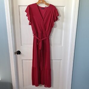 PrettyGarden Red Ruffle Sleeve Tiered Maxi Dress Lined Flowy Short Sleeve